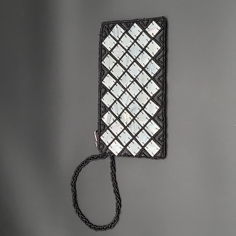 Mad By Design Black Silk Beaded Wristlet Clutch Natural Horn Tiles Geometric